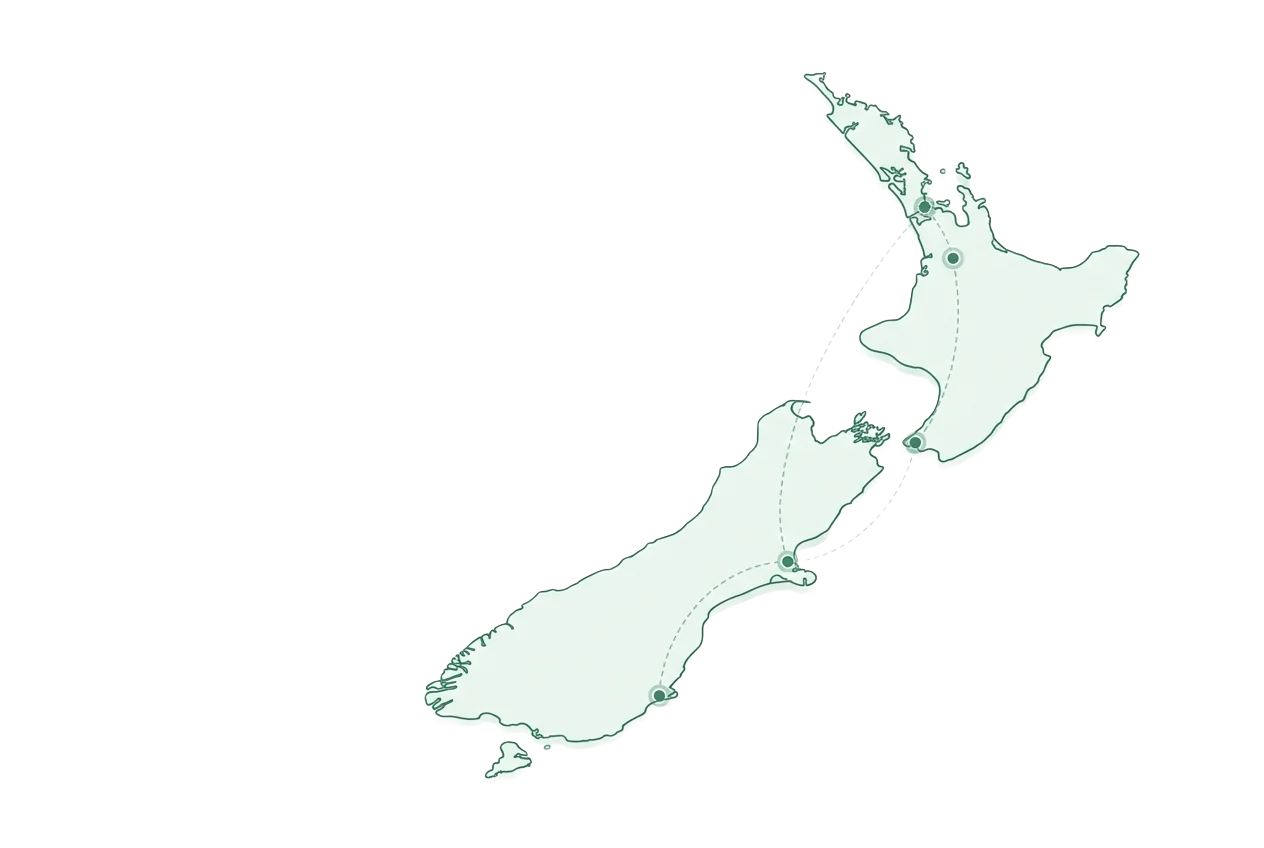Stylised map of Aotearoa New Zealand showing data-infrastructure links between Auckland, Hamilton, Wellington, Christchurch, and Dunedin